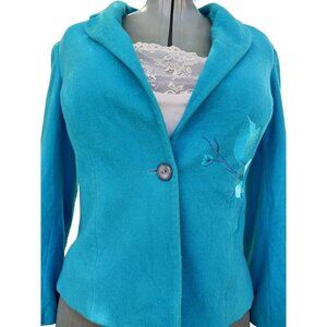 Vintage Womens Size XL Lucifair 100% Wool Embroidered Floral Design Blue Blazer